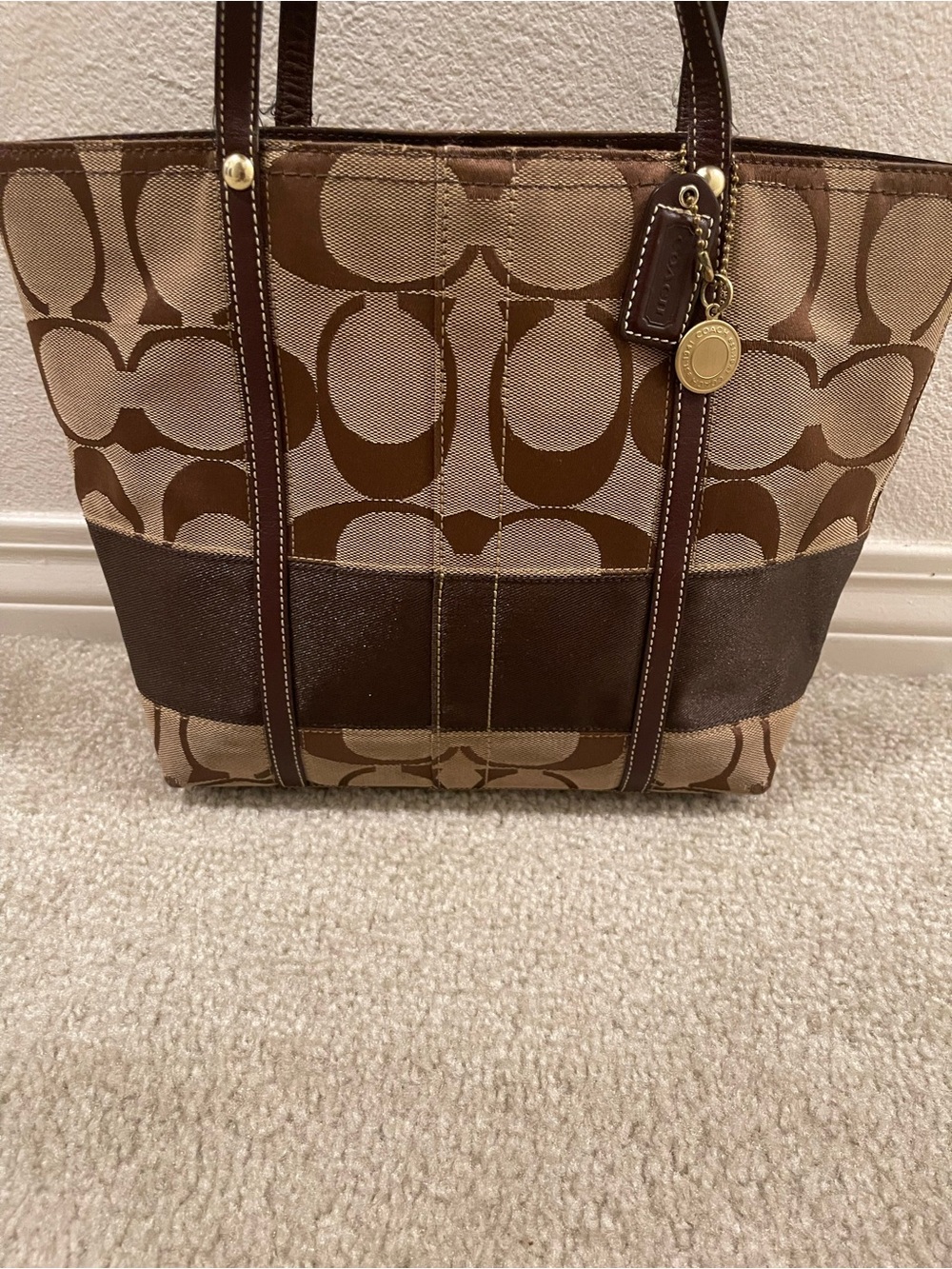 Coach Signature Stripe Brown Canvas Tote Bag with Legacy Stripe Lining - Picture 2 of 9